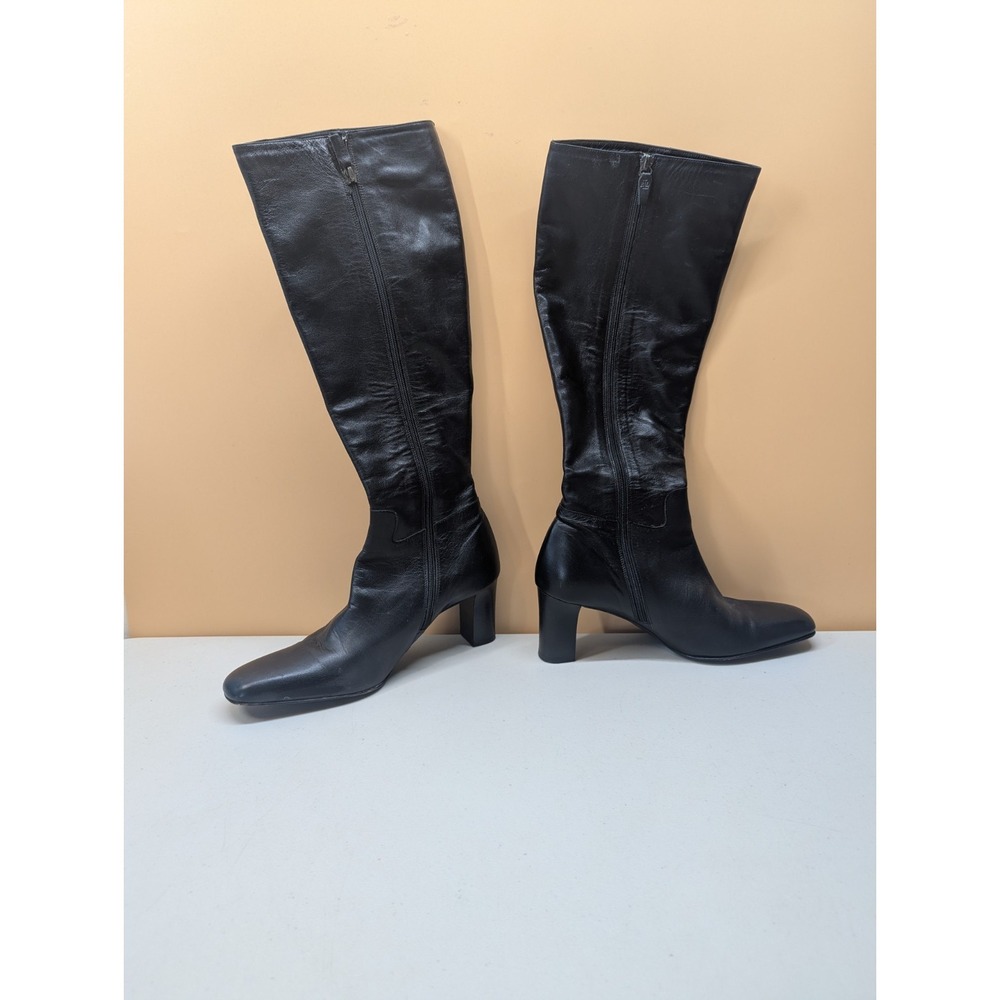 LAUREN Ralph Lauren Black Leather Knee High Heel Boots Women's Size 8 B Zip Up